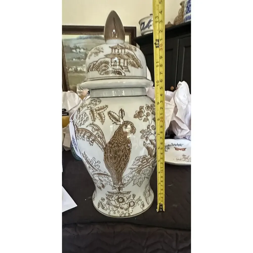 Galt International Brown Floral Parrot Ceramic Ginger Jar 14” Tall Vase Lid NWT